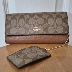 Coach Vintage Brown And Beige Monogram Signature Trifold Wallet F53763